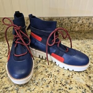 FITFLOP GLACE KNIT LEATHER MIDNIGHT NAVY RED LACE UP ANKLE BOOTS WOMEN'S 9